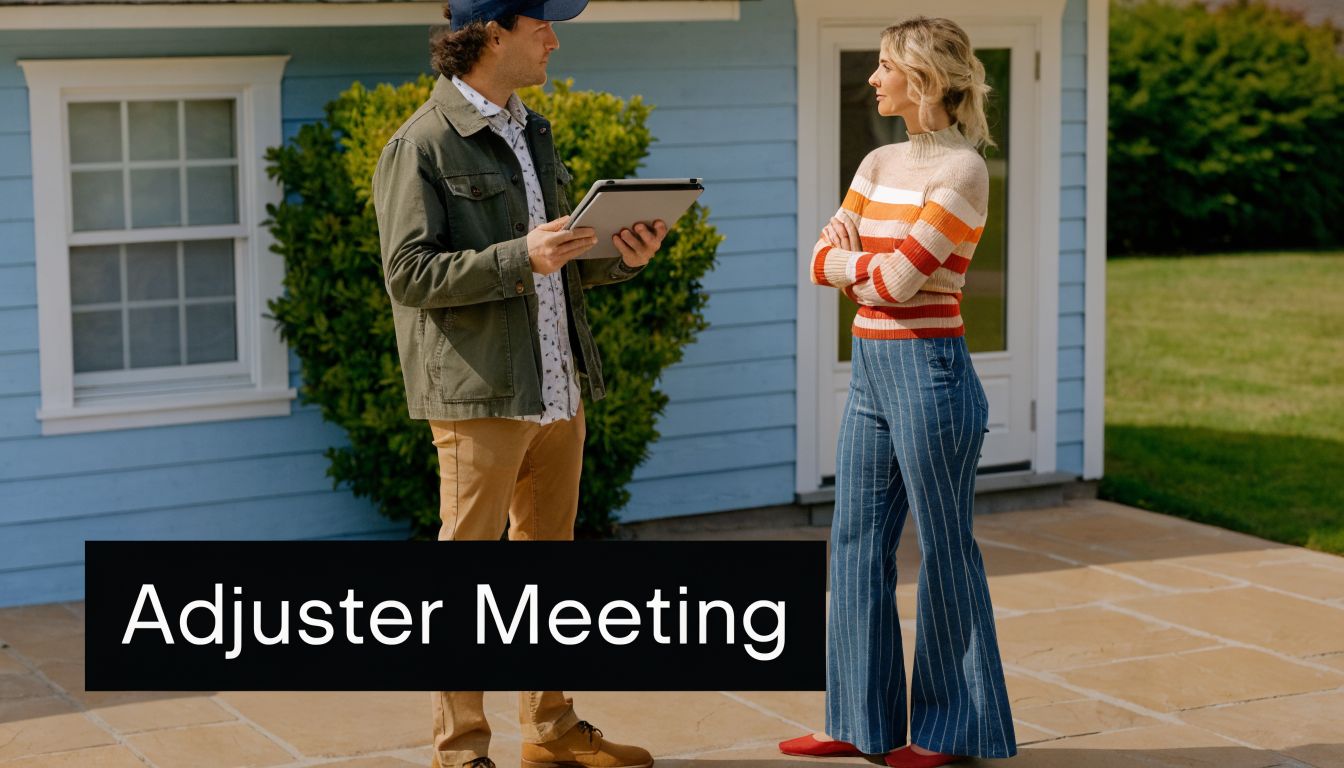 A professional insurance adjuster holding a tablet discusses a home inspection with a female homeowner outdoors.
