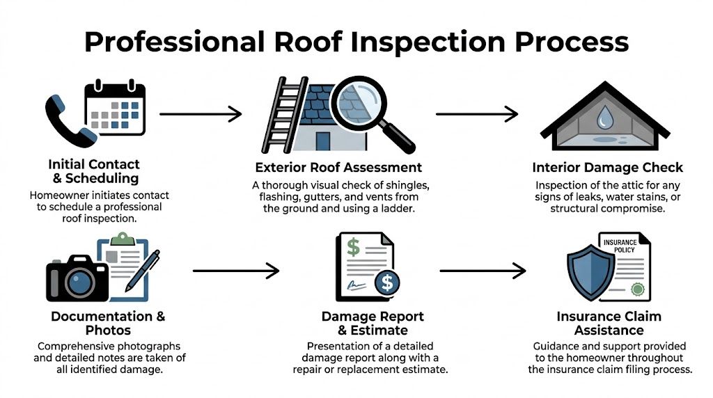 A six-step infographic illustrating the professional roof inspection process from initial scheduling to insurance claim assistance.