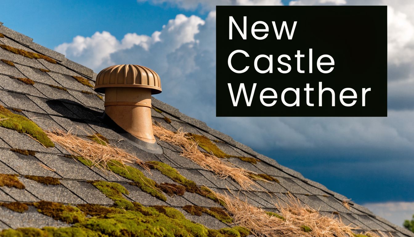 A close up view of a mossy, debris-covered roof with a ventilation cap against a stormy sky.