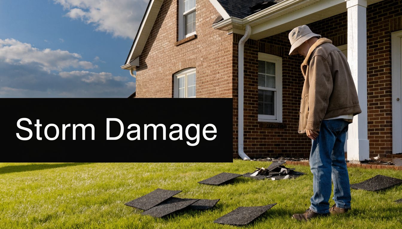 A man in a hat examines damaged roofing shingles scattered on the lawn after a storm.