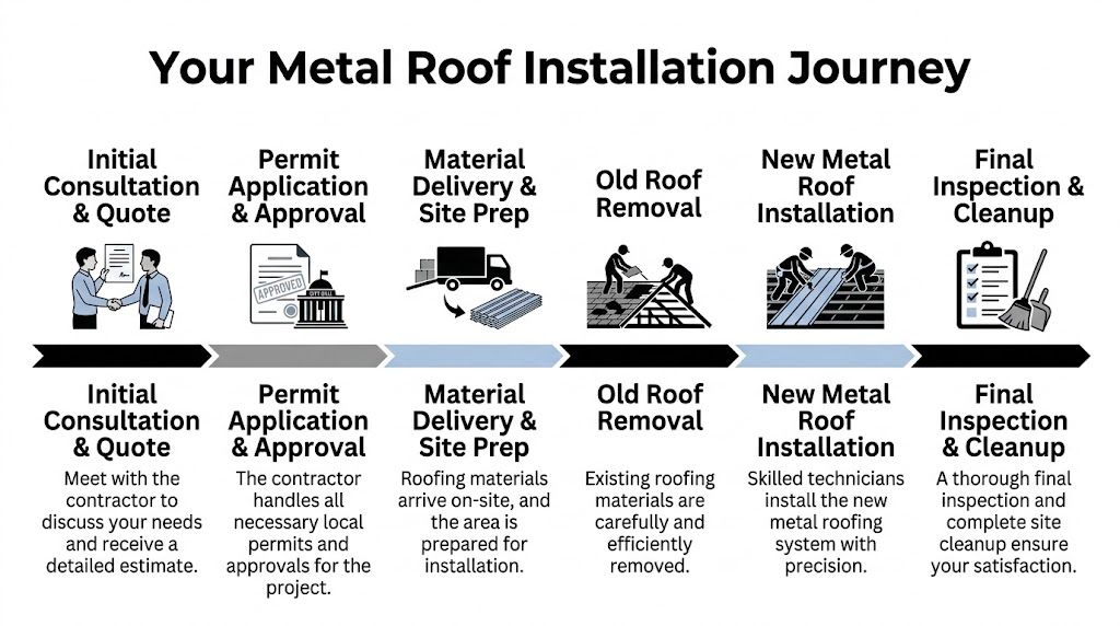 A six-step infographic illustrating the metal roof installation process from initial consultation to final site cleanup.