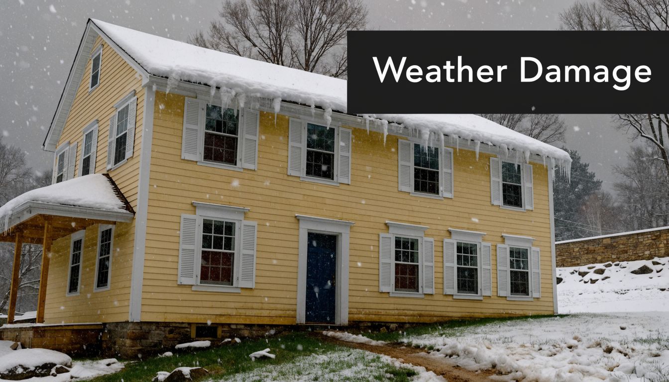 A yellow colonial house covered in snow and icicles during a winter storm in Pennsylvania.