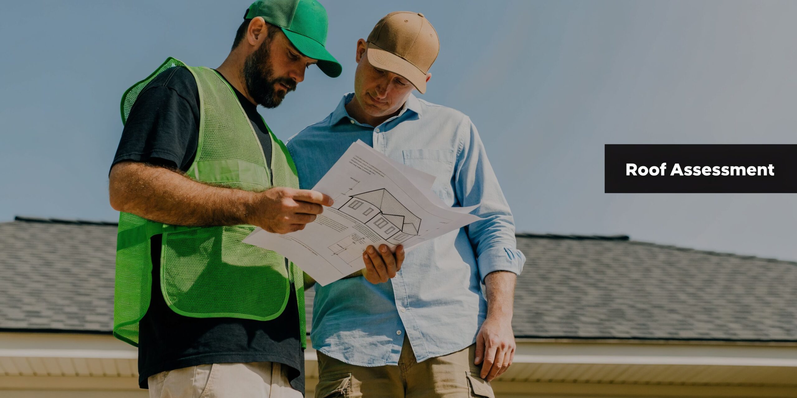 A construction professional and a client reviewing house plans during a professional roof assessment outdoors.