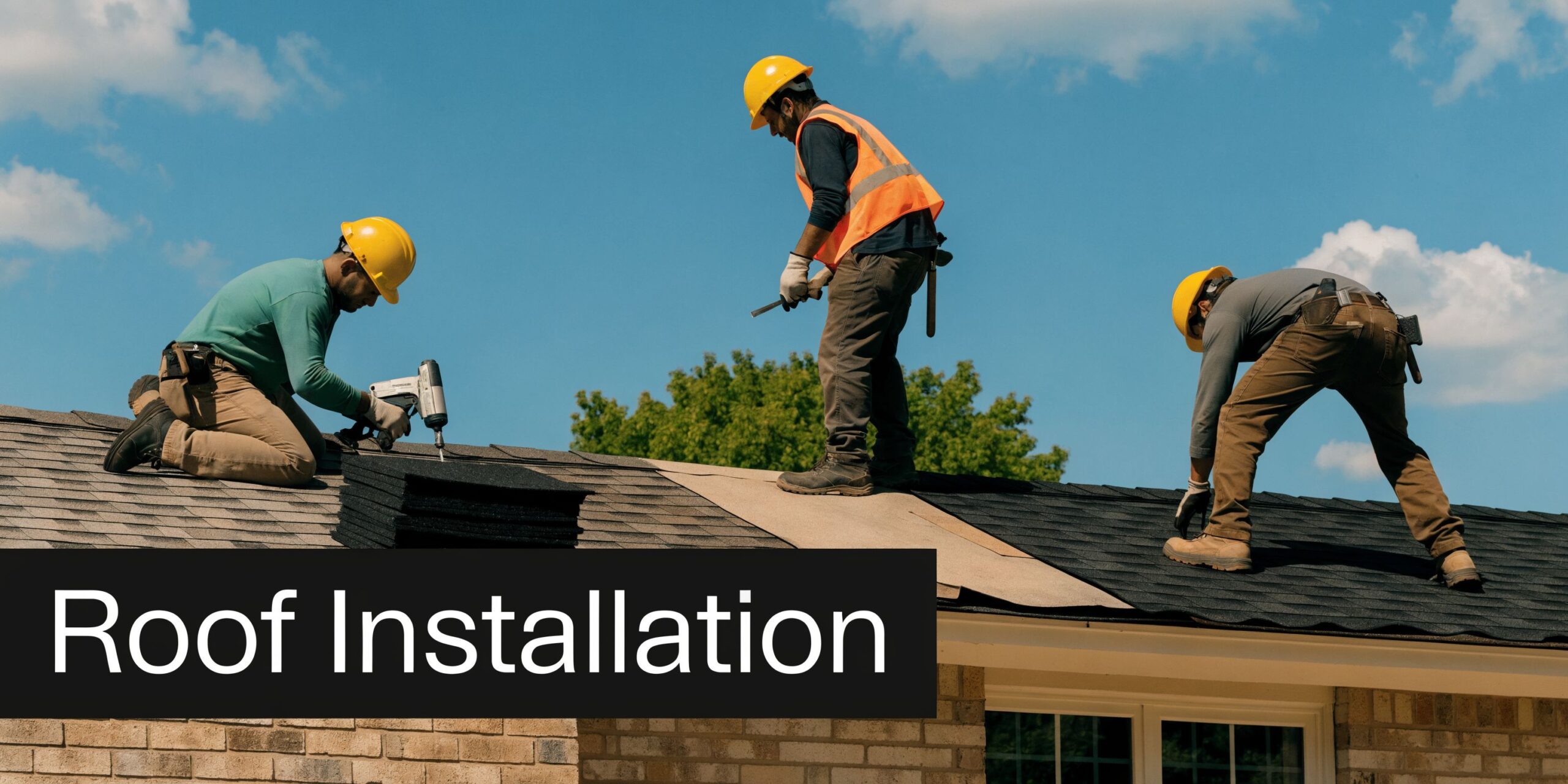 Three construction workers wearing safety helmets installing new asphalt roof shingles on a house under blue sky.