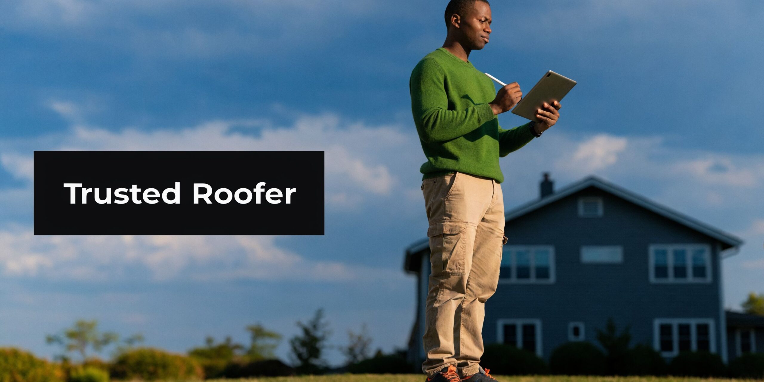 A professional roofer in a green sweater holding a tablet while inspecting a residential house.