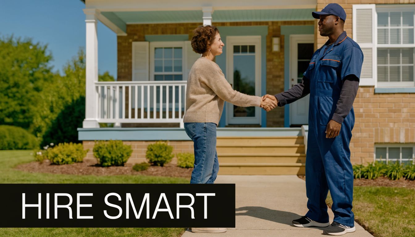 A happy female homeowner shaking hands with a professional roofing contractor outside a residential home.