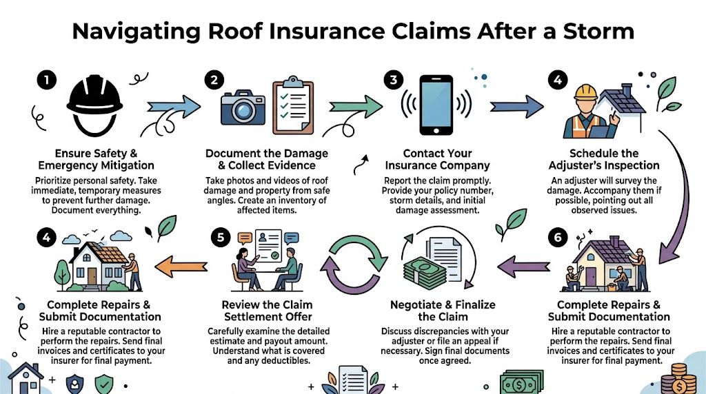A step-by-step infographic illustrating the process of navigating roof insurance claims after a storm damage event.