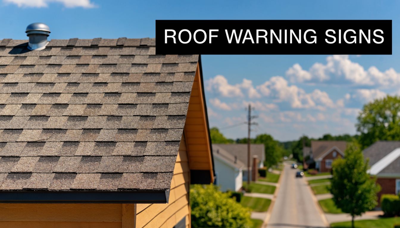 A view of a residential roof in a quiet neighborhood highlighting potential maintenance warning signs.