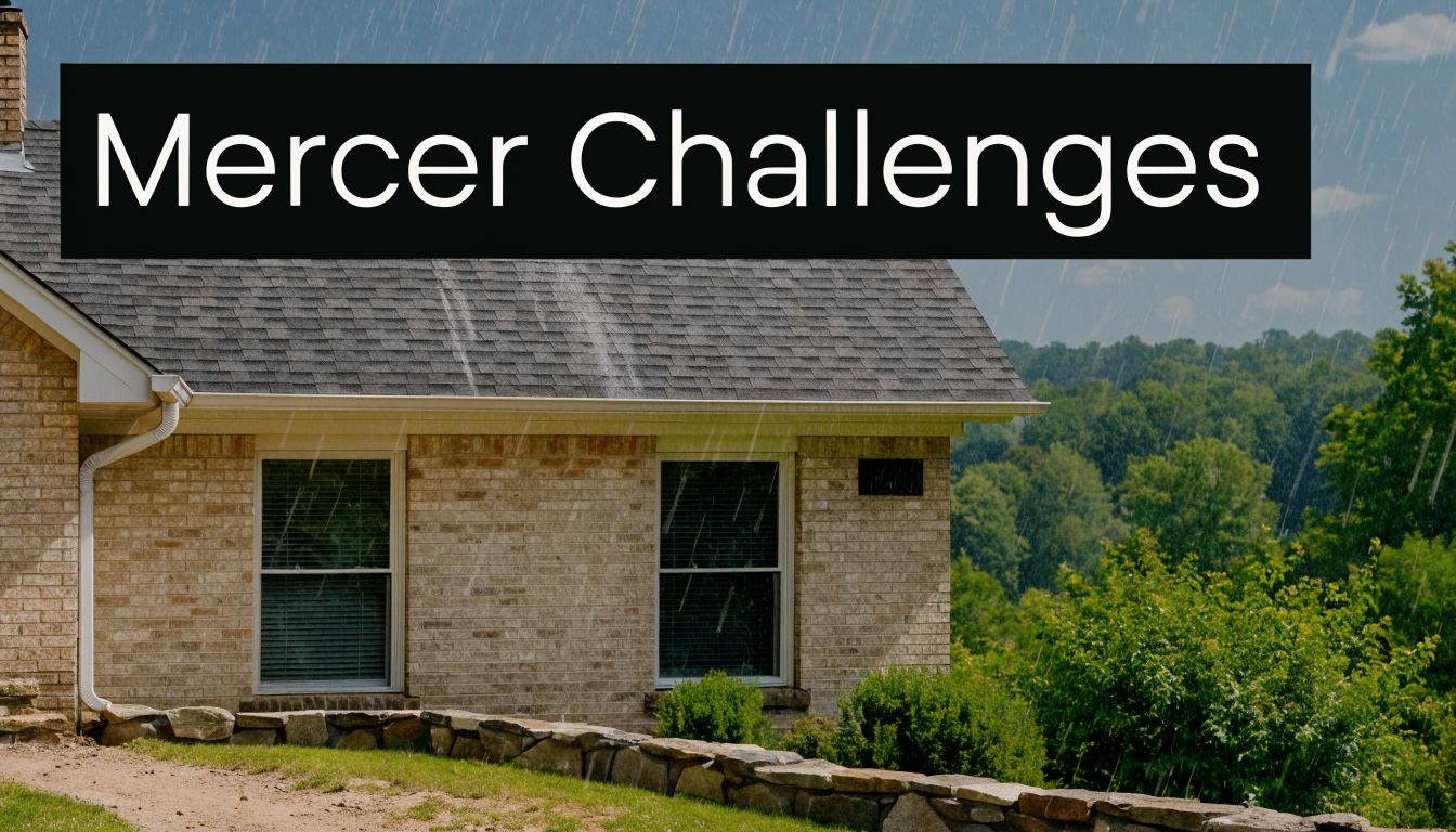 A house exterior during a light rain shower with the title Mercer Challenges overlaid on the image.