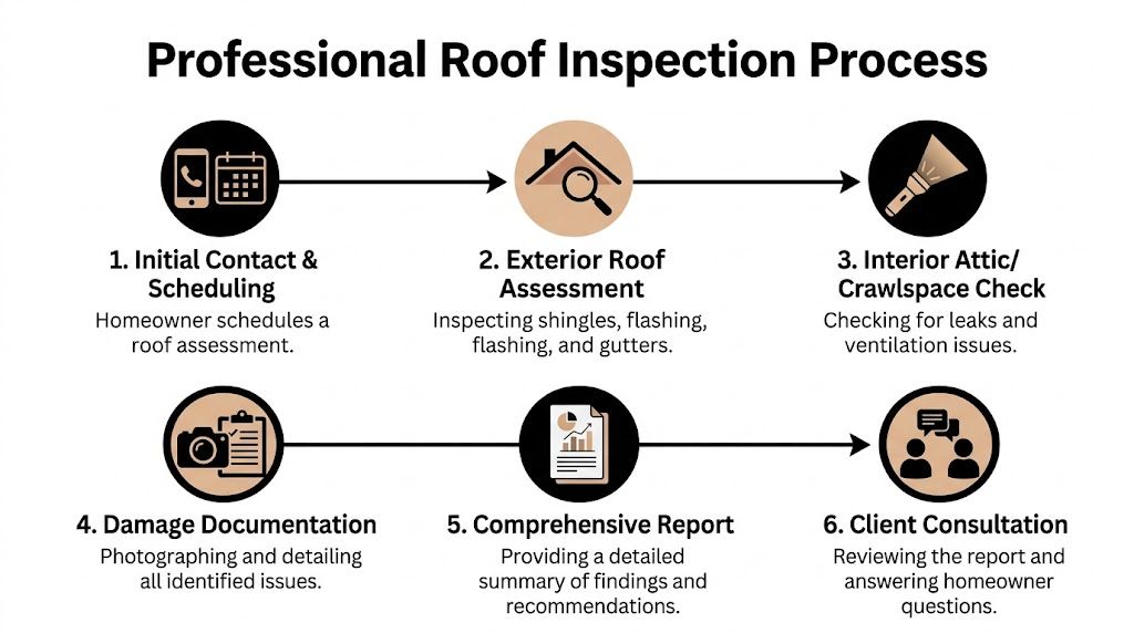 A six-step infographic detailing the professional process of a residential roof inspection from contact to consultation.