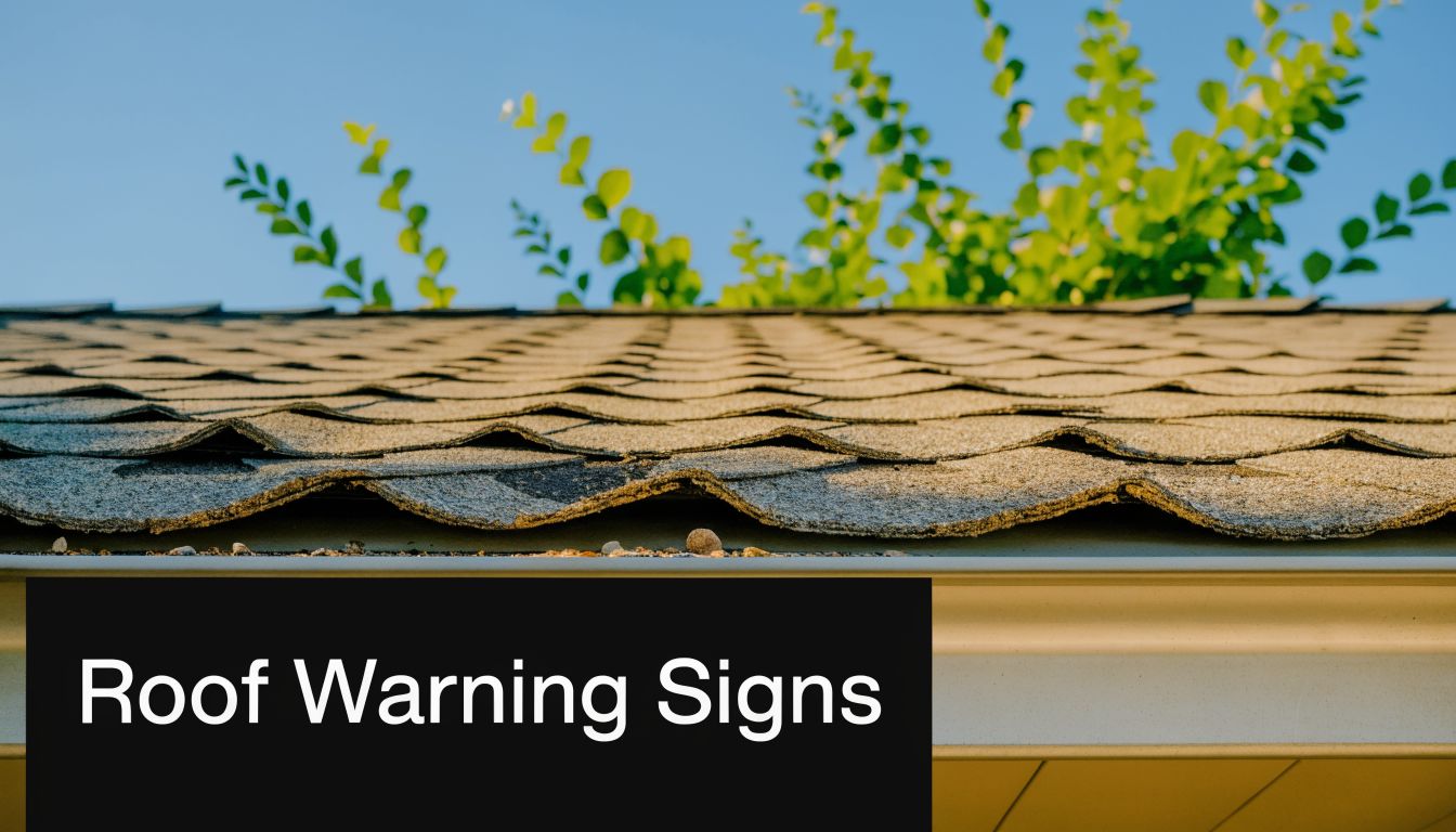 A close-up view of residential asphalt shingles on a roof edge under a clear blue sky.