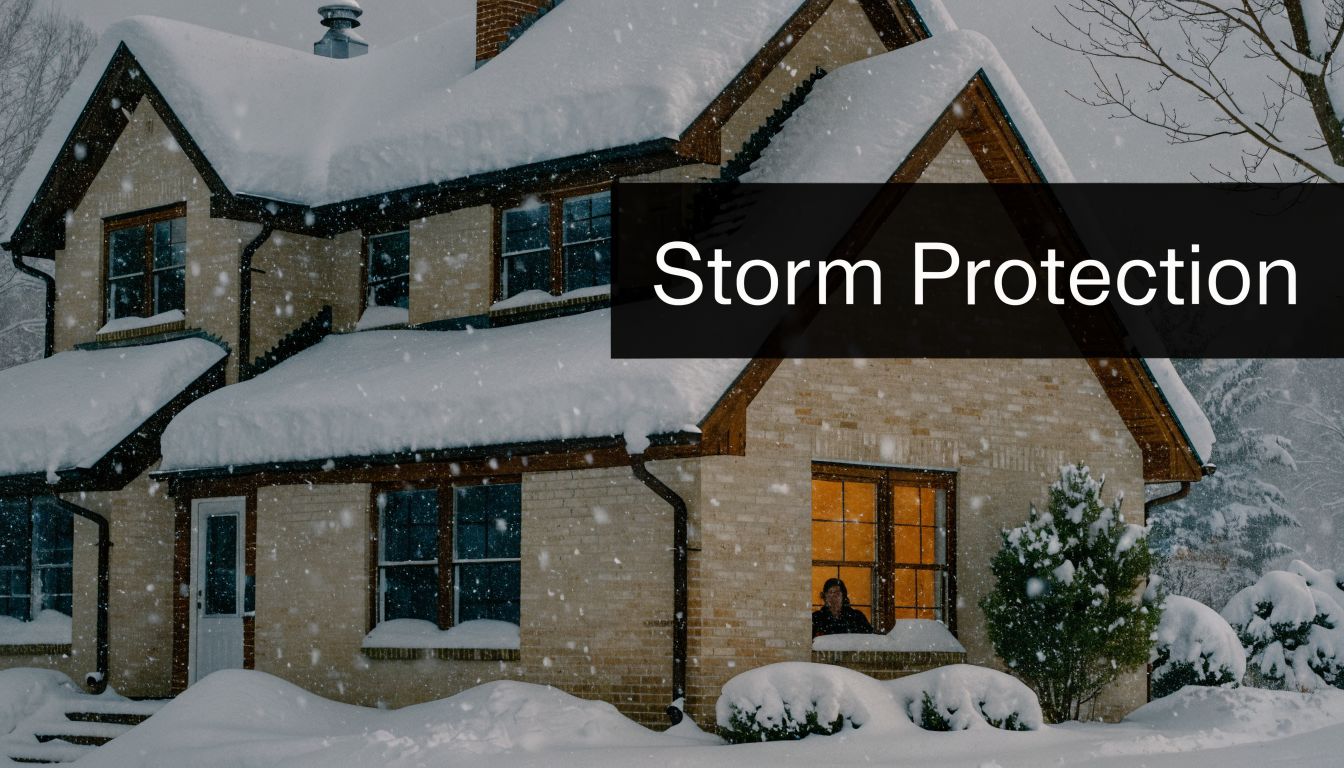 A brick house covered in snow during a winter storm, with a person visible in the lighted window.