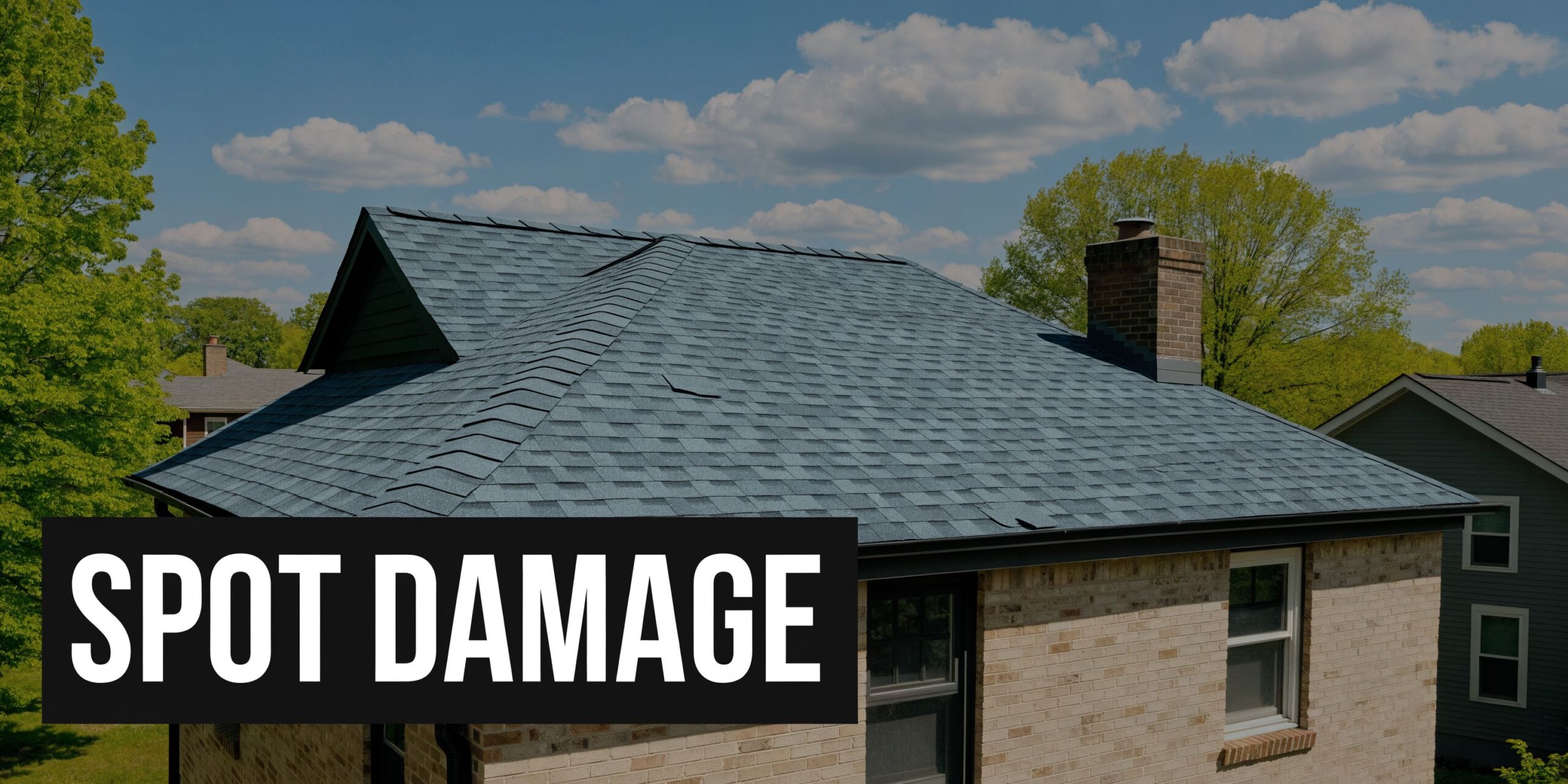A view of a residential roof showing damaged and missing shingles in need of professional repair services.