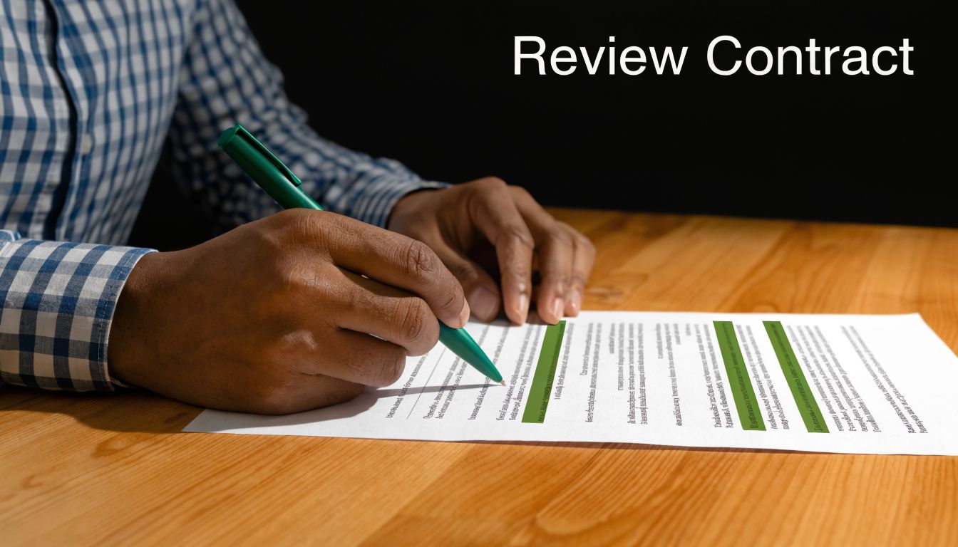 A professional man in a plaid shirt reviewing a contract on a wooden desk with a pen.