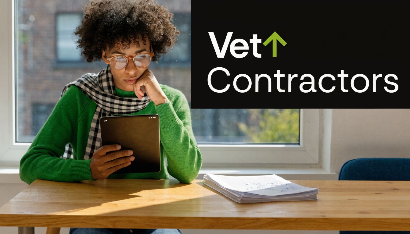 A professional woman in a green sweater uses a tablet to review contract information at a desk.