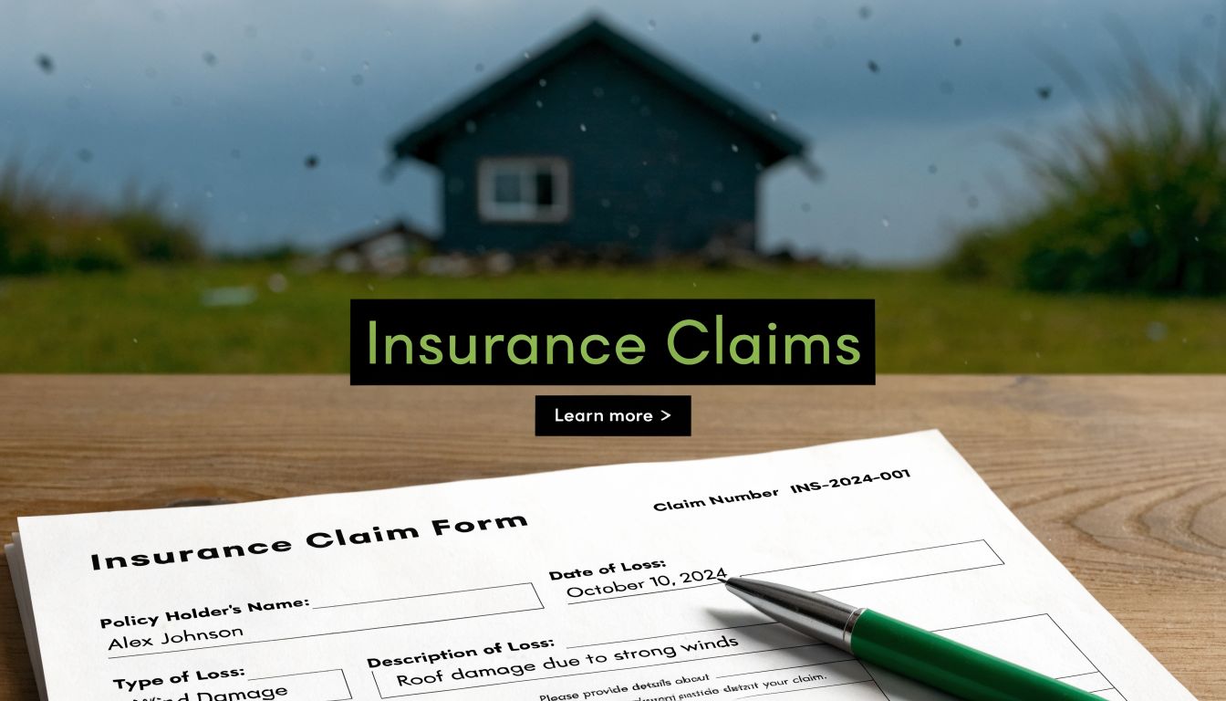 A close-up view of an insurance claim form for roof damage sitting on a wooden desk.