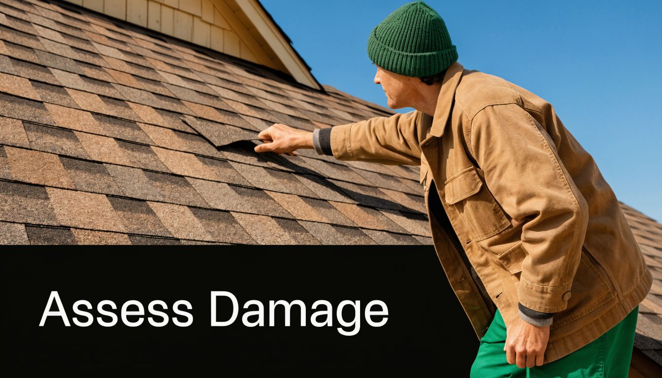 A professional roofing contractor inspecting damaged shingles on a residential house roof for maintenance or repair.