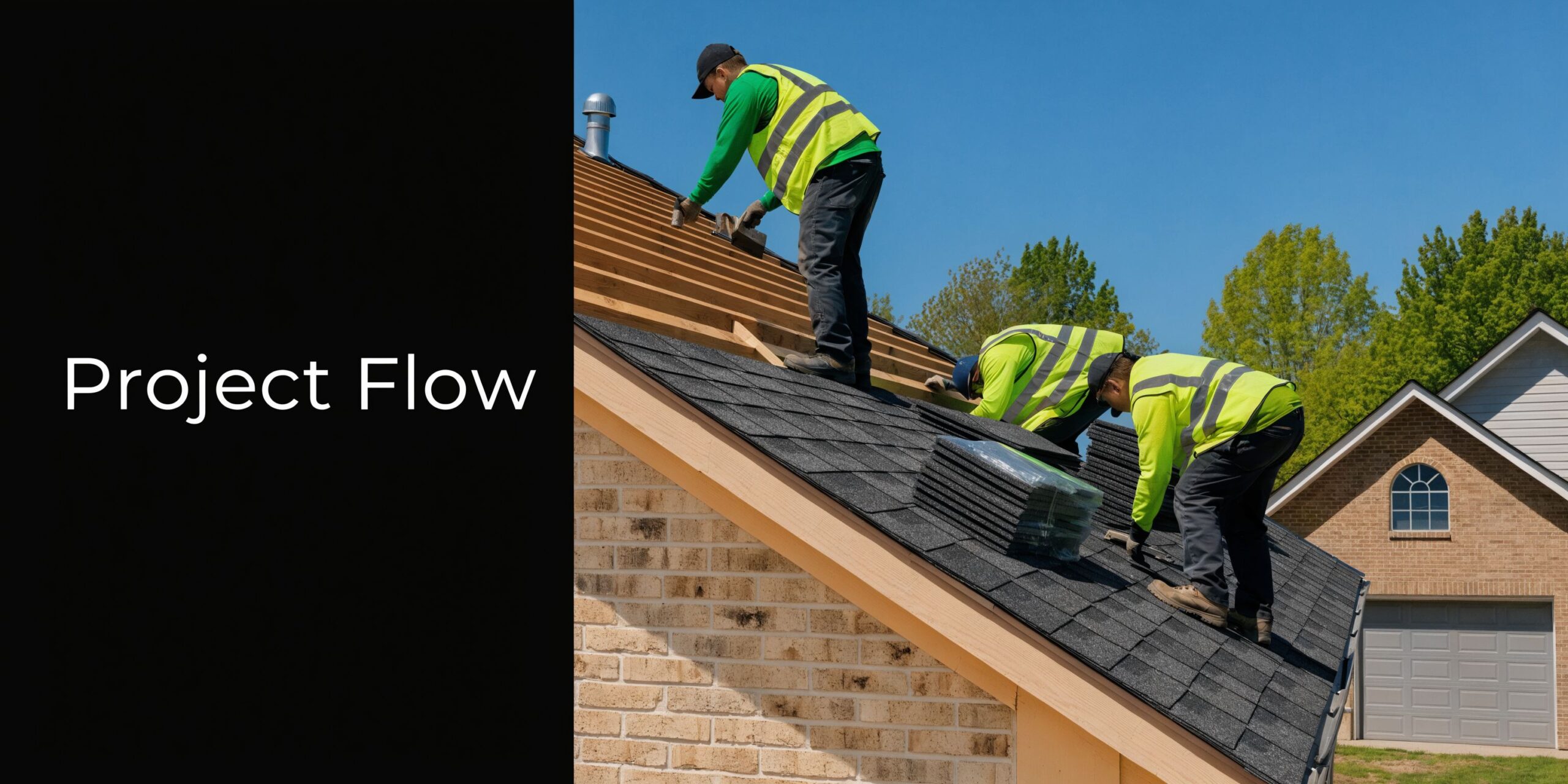 Construction workers in high visibility vests installing new shingles on a residential roof in New Castle PA.