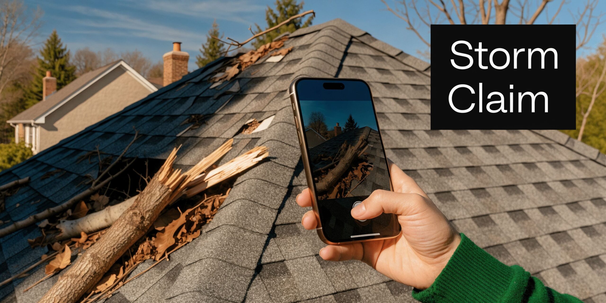 A person using a smartphone to document storm damage on a roof for an insurance claim.