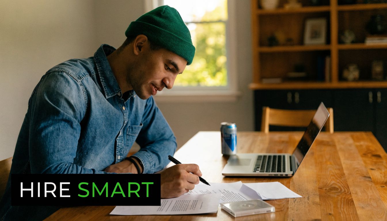 A man wearing a green beanie writing on documents at a wooden table with a laptop.