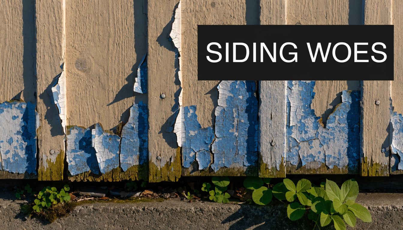 Peeling blue paint on weathered wooden exterior siding near a concrete foundation with green plants.