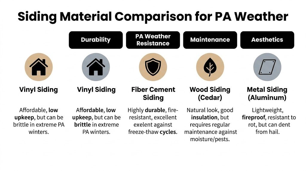 A comparison chart outlining different siding materials and their suitability for weather conditions in Pennsylvania.