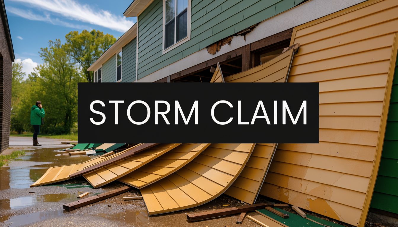 A house with damaged siding fallen to the ground after a severe storm event in residential area