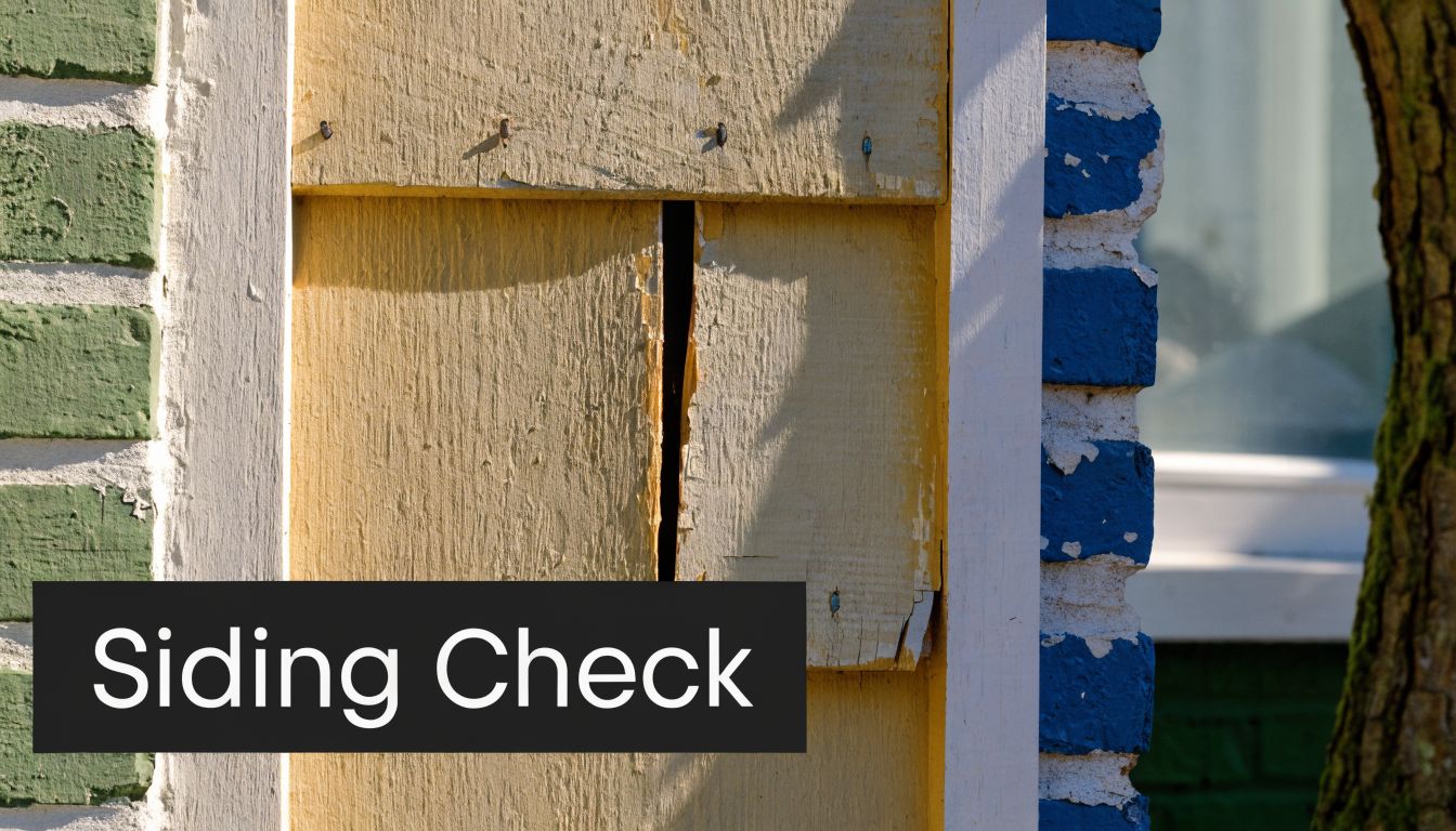 A close-up view of damaged yellow wooden siding on a house with a visible vertical gap.