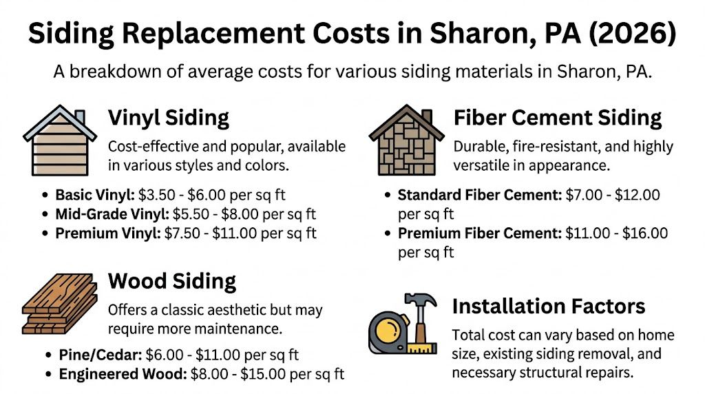 An infographic showing average siding replacement cost ranges for various materials in Sharon, PA for 2026.