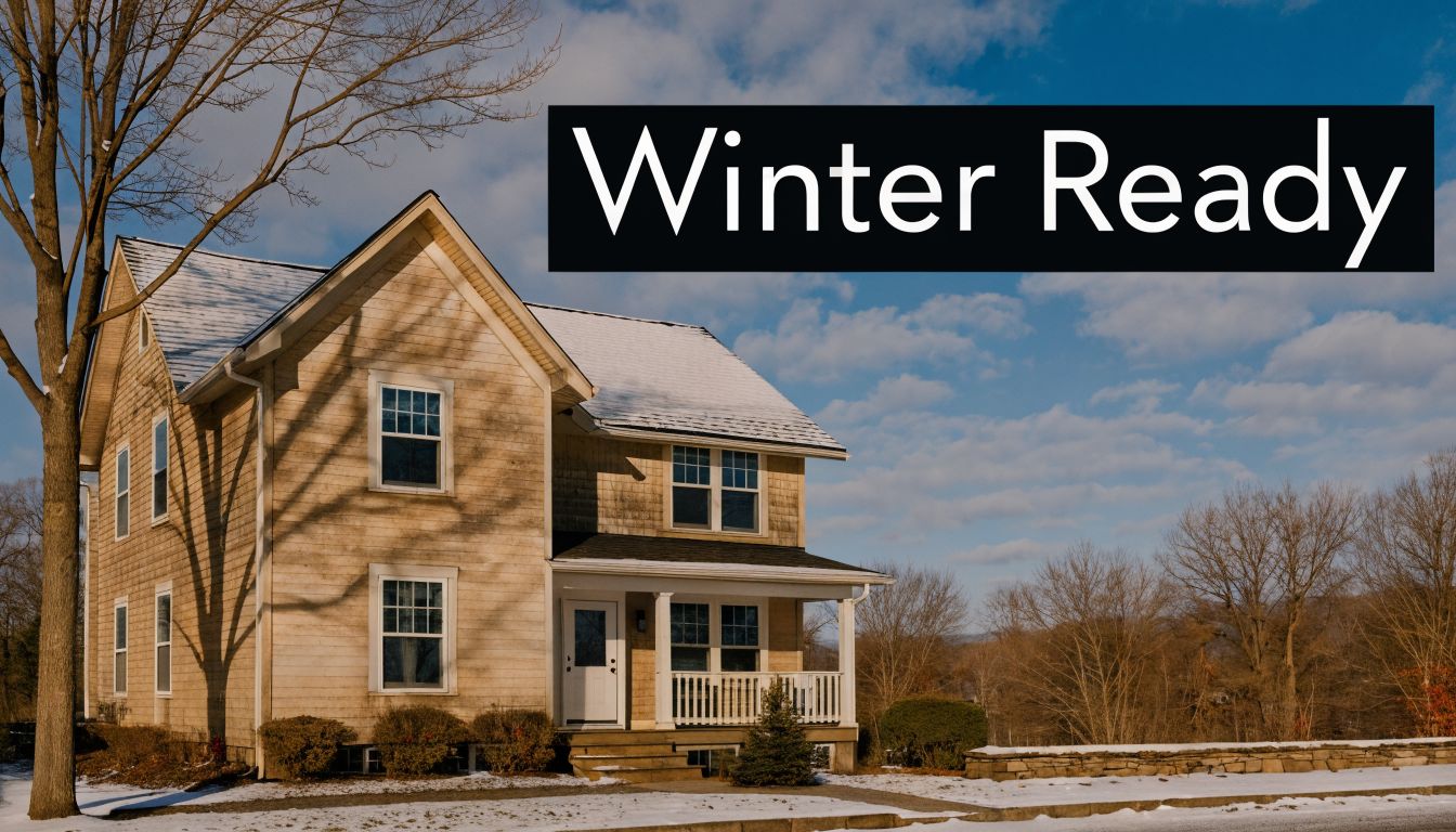 A two-story tan residential home with snow on the roof under a clear blue winter sky.