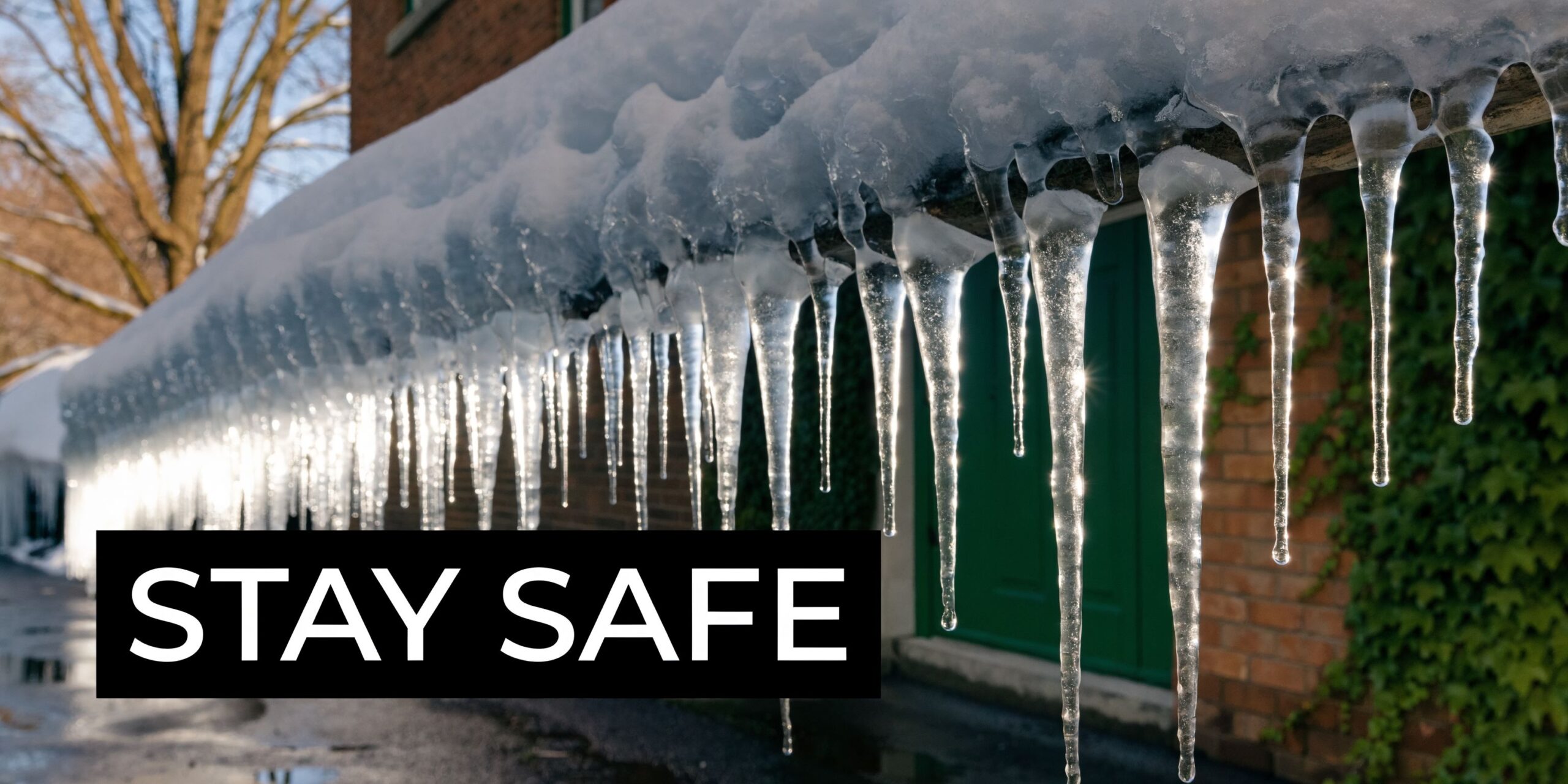 A row of dangerous, sharp icicles hanging from a snow-covered roof edge on a brick building exterior.