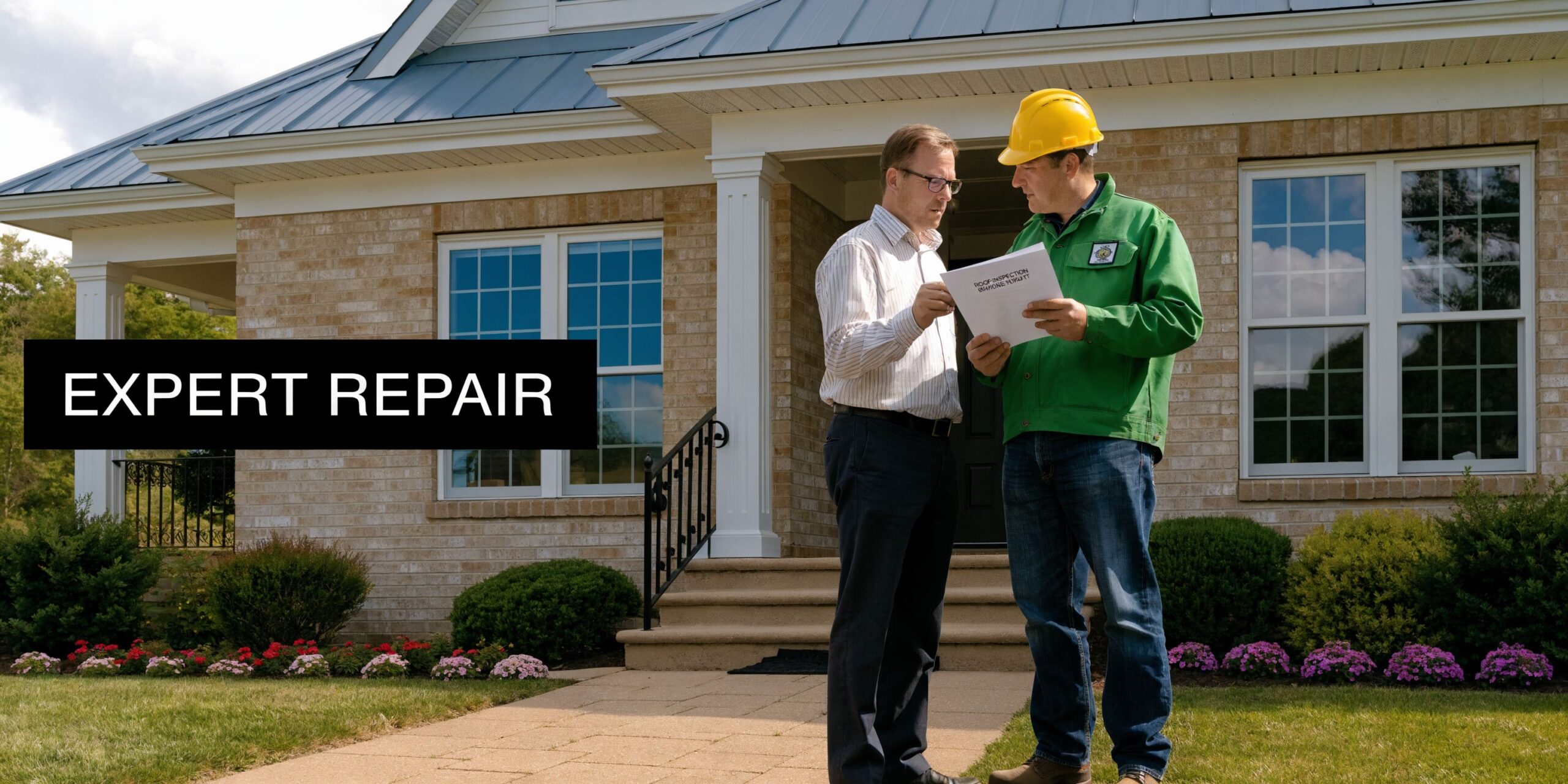 A professional inspector in a green jacket and yellow hard hat discussing roofing report with a homeowner.