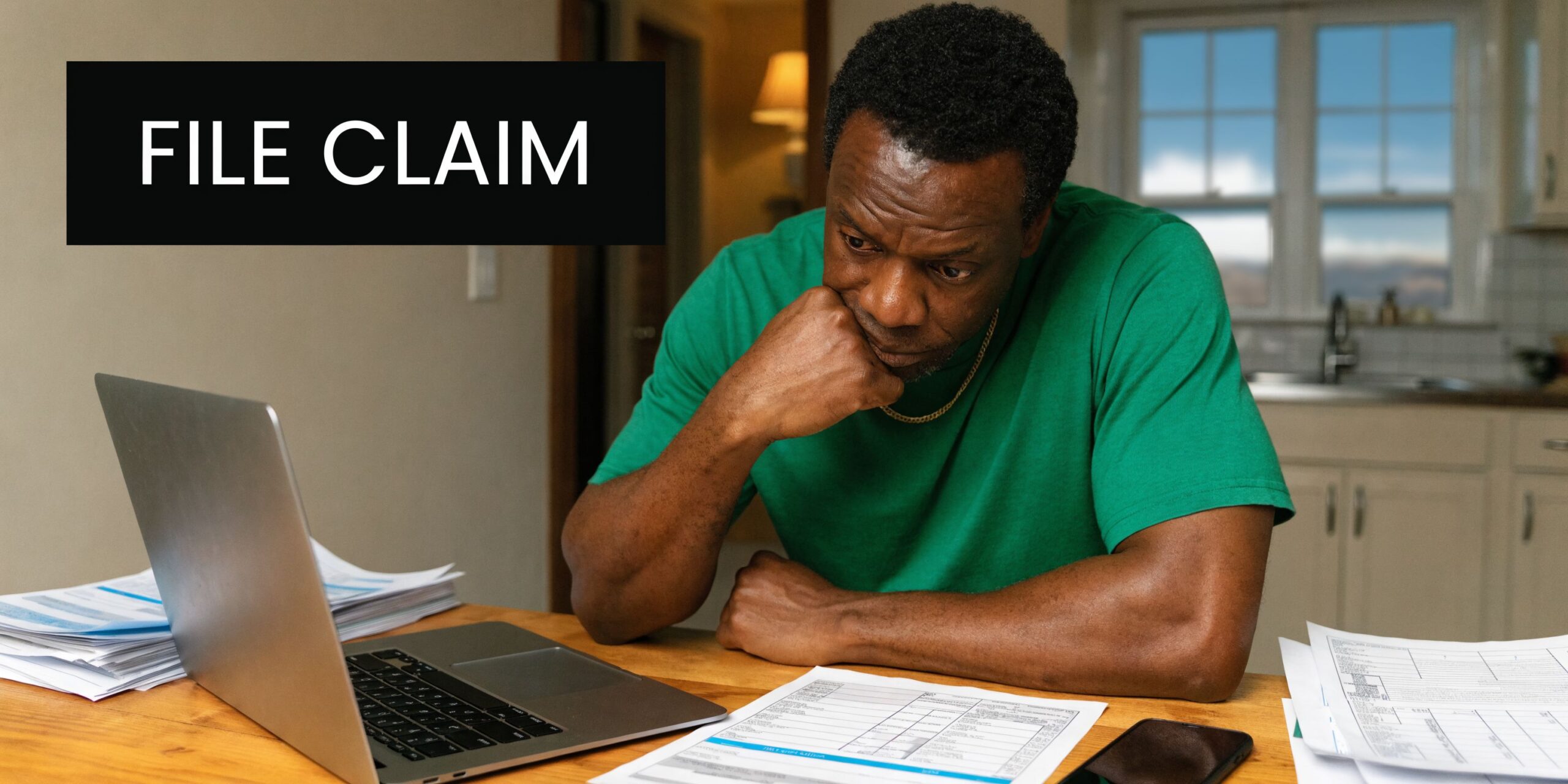 A concerned man sitting at a kitchen table looking at a laptop and documents to file a claim.