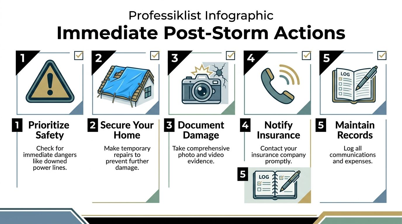 An infographic detailing five essential steps for immediate action following storm damage to a property.