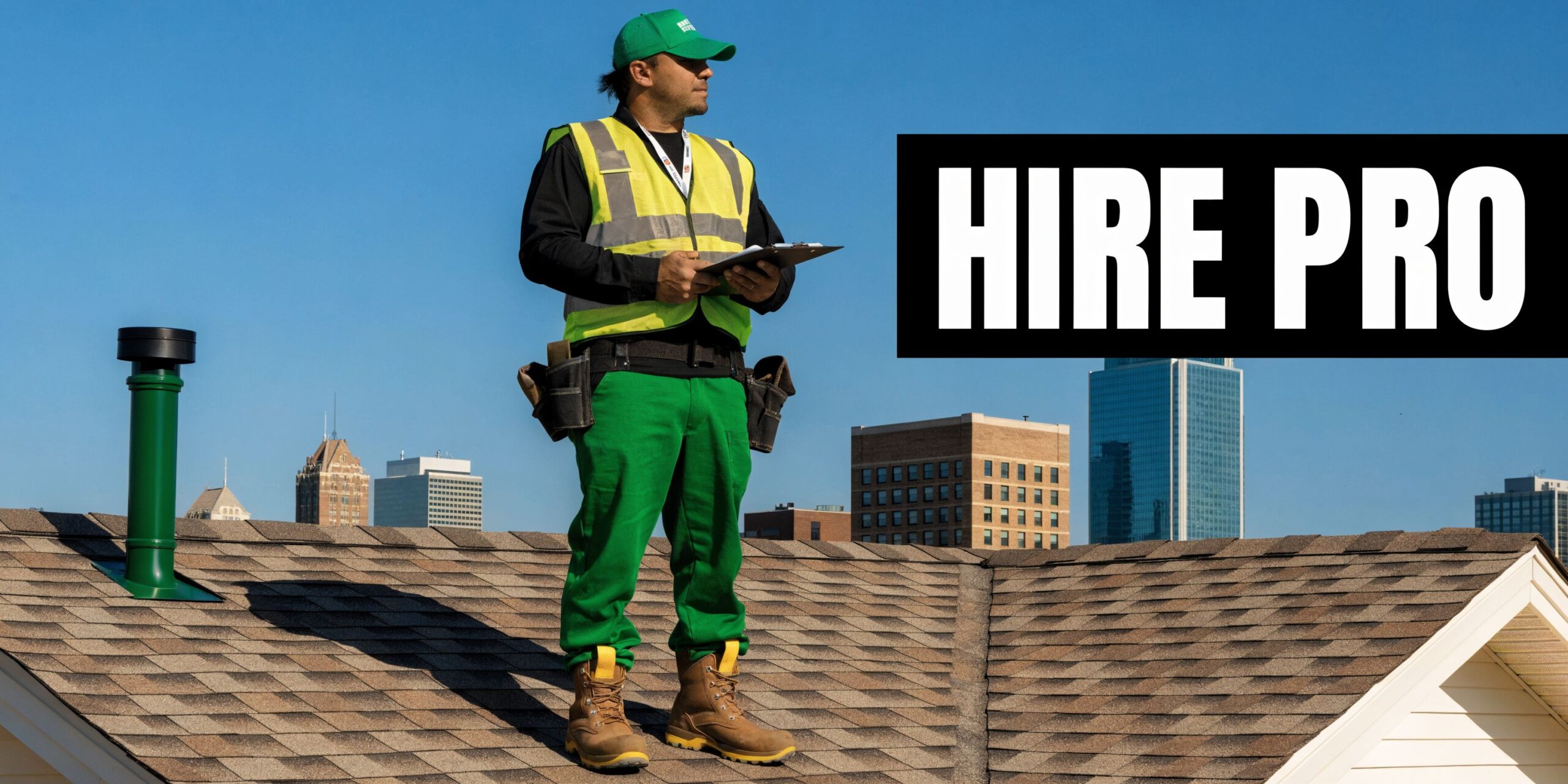A professional construction inspector in safety gear standing on a residential rooftop overlooking the city skyline.