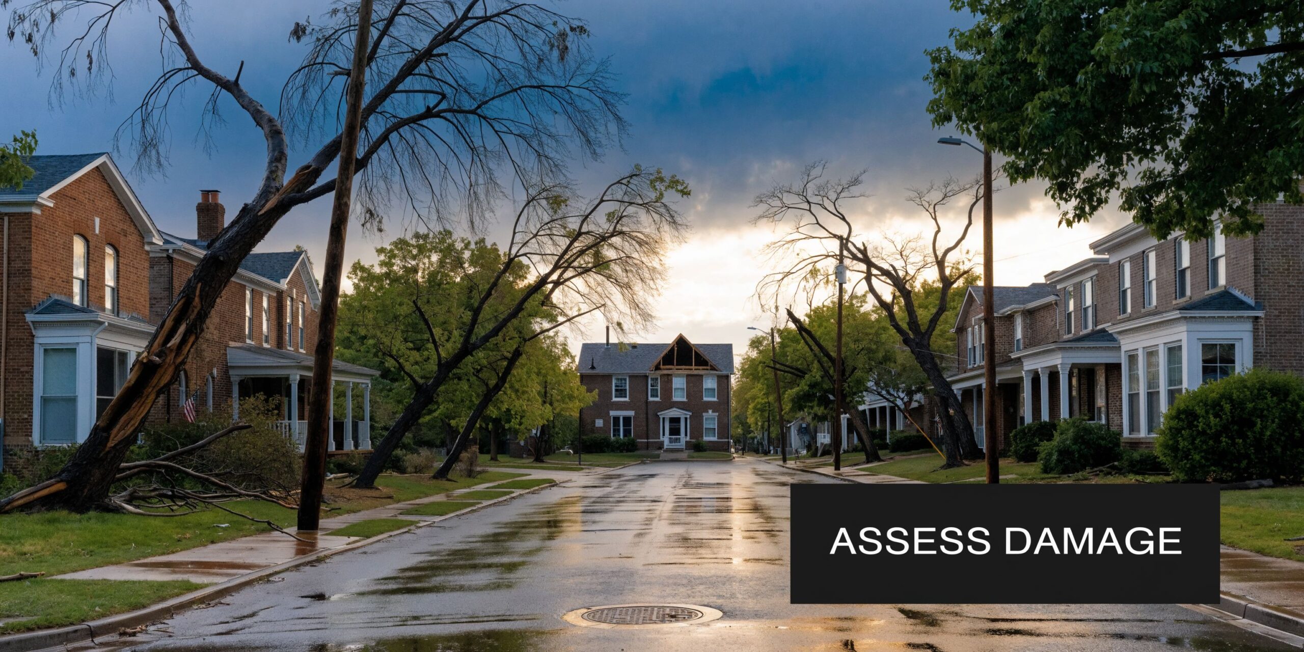 A quiet residential street showing storm damage to trees and a building roof in a neighborhood.