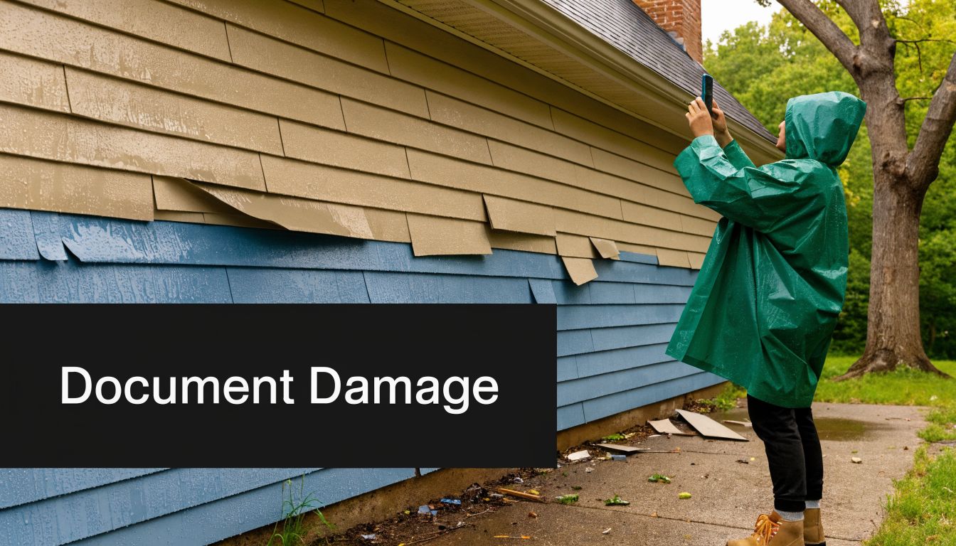 A person in a green raincoat taking a photo of storm damaged house siding with a smartphone.