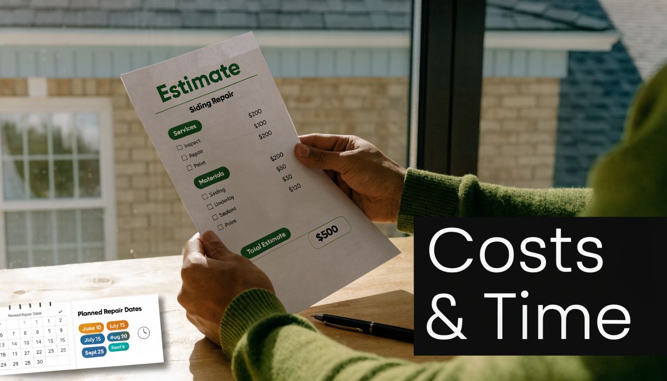 A person holding a printed siding repair estimate document while reviewing scheduled home repair dates.