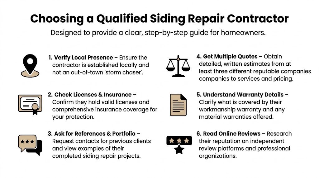 A six-step guide for homeowners on how to choose a qualified siding repair contractor for their home.