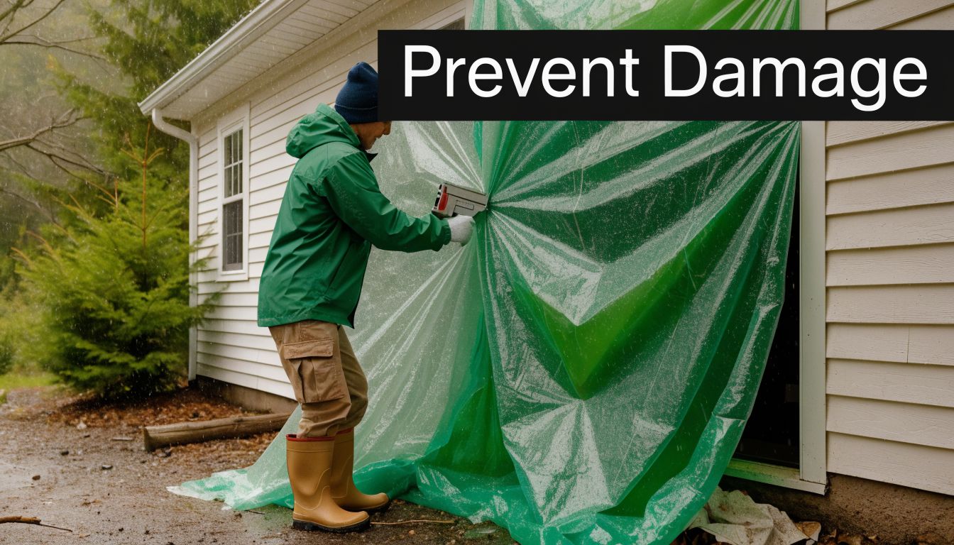 A person in a rain jacket securing a large green plastic tarp over a house during a storm.