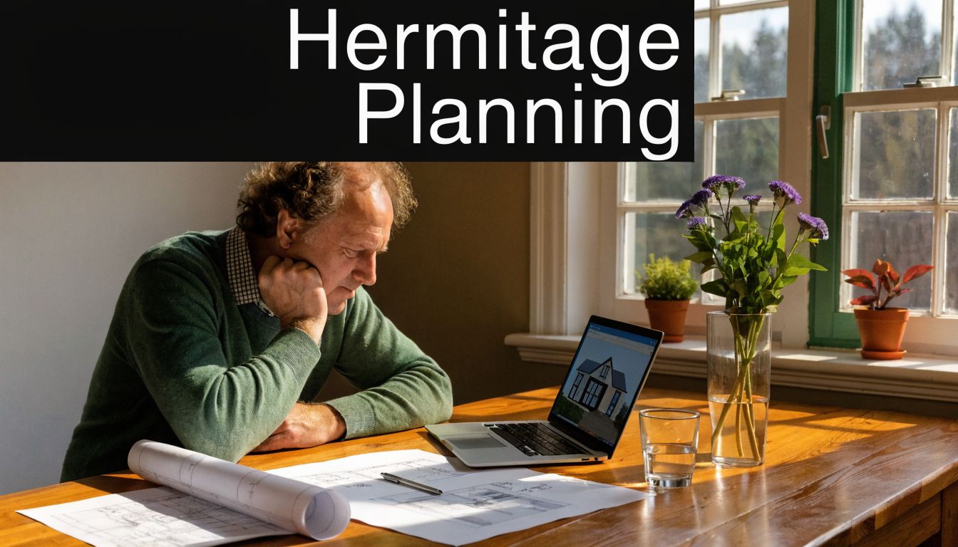 A professional architect sits at a wooden desk reviewing home building plans on his laptop and blueprints.
