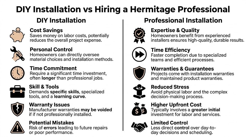 A comparison chart outlining the advantages and disadvantages of DIY installation versus hiring a professional service.