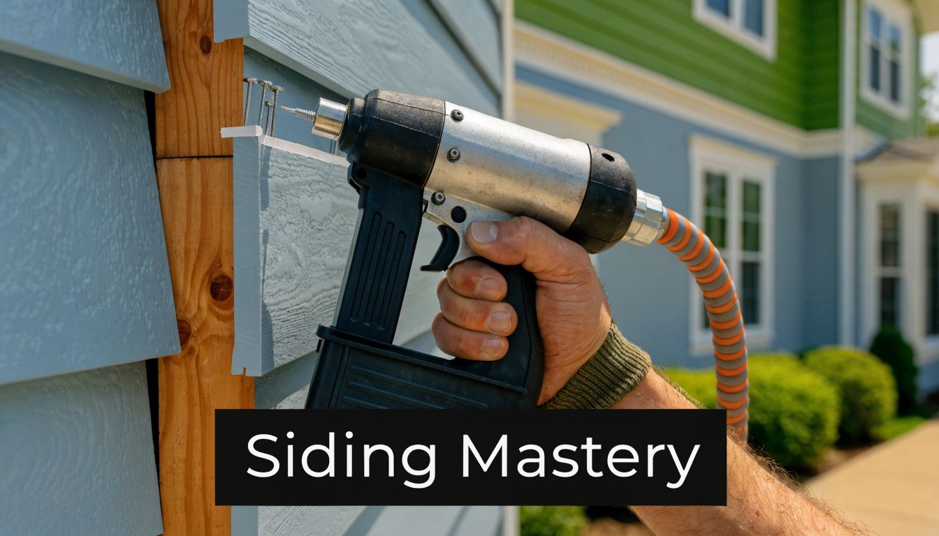 A professional construction worker uses a pneumatic nail gun to install blue vinyl siding on a house.