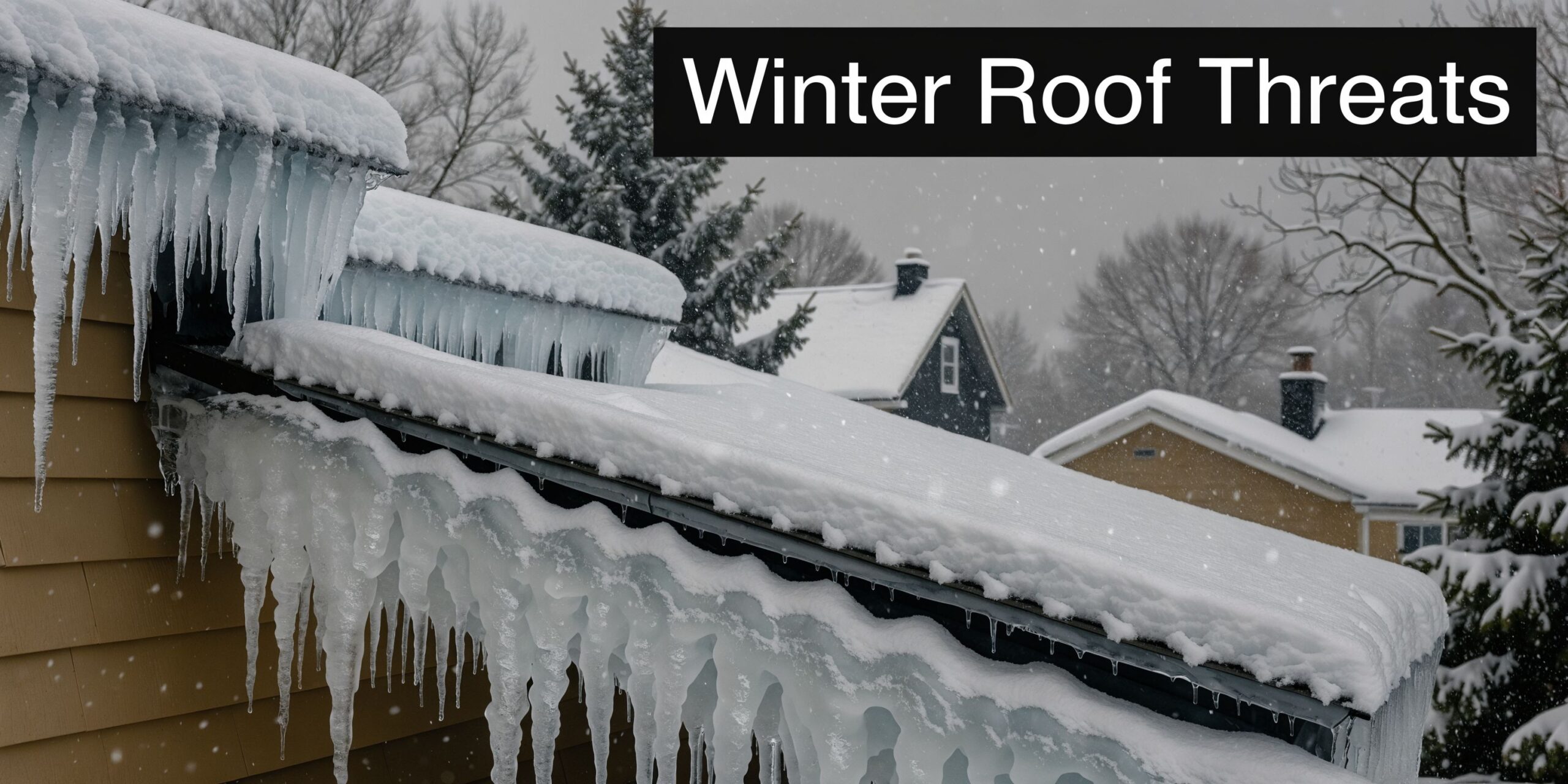A house roof covered in thick snow and large icicles during a cold winter day in Pennsylvania.