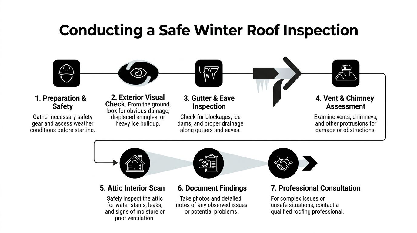 A step-by-step infographic titled Conducting a Safe Winter Roof Inspection, outlining seven safety and assessment stages.