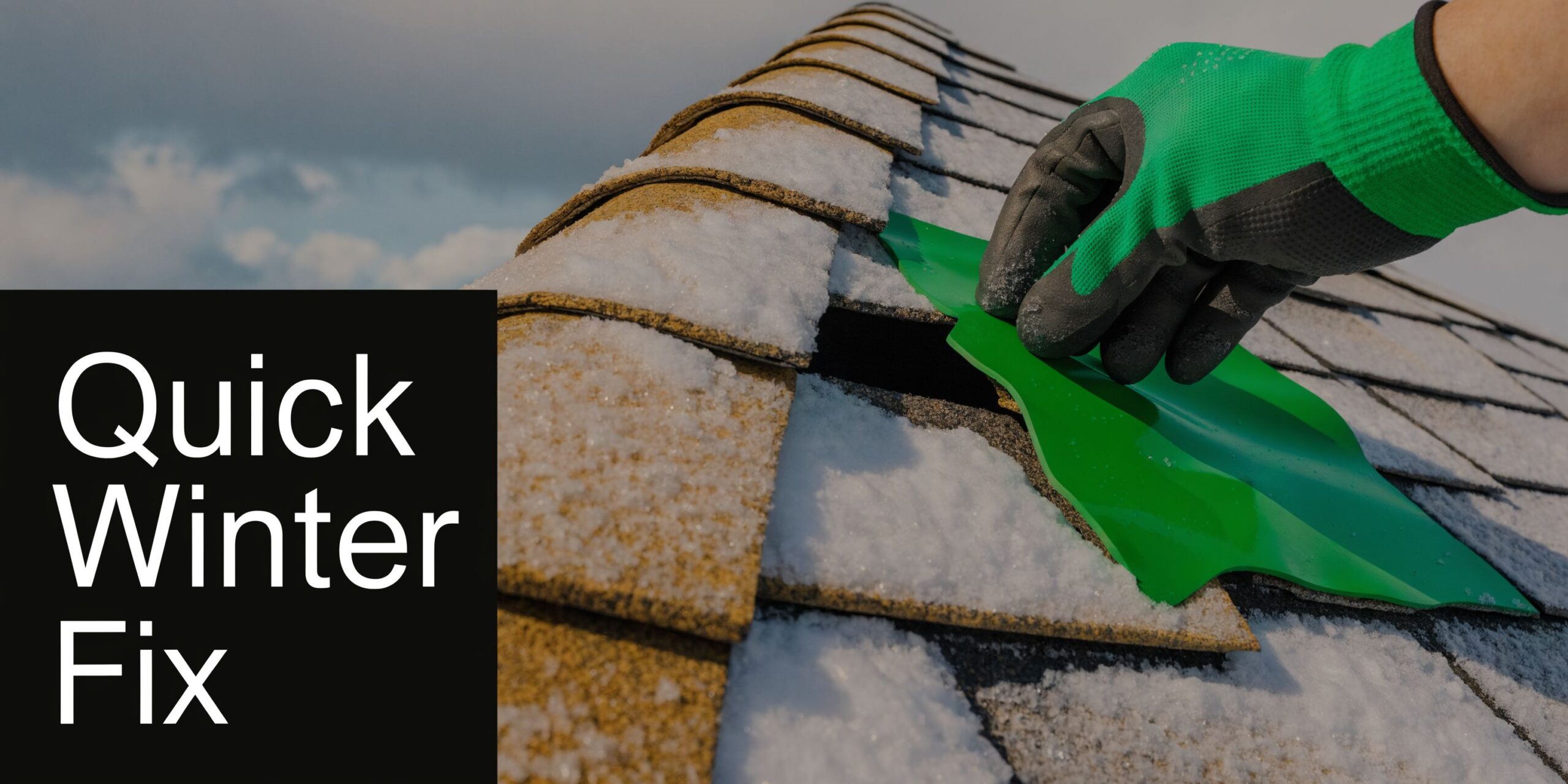 A gloved hand inserting a green shingle repair tool under snowy asphalt roof shingles for a winter fix.