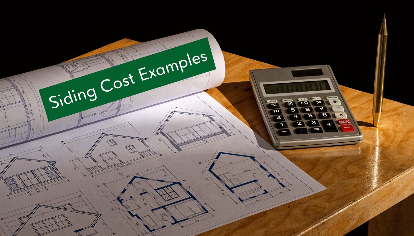 A blueprint of a house with a calculator and pen on a wooden table for planning siding costs.