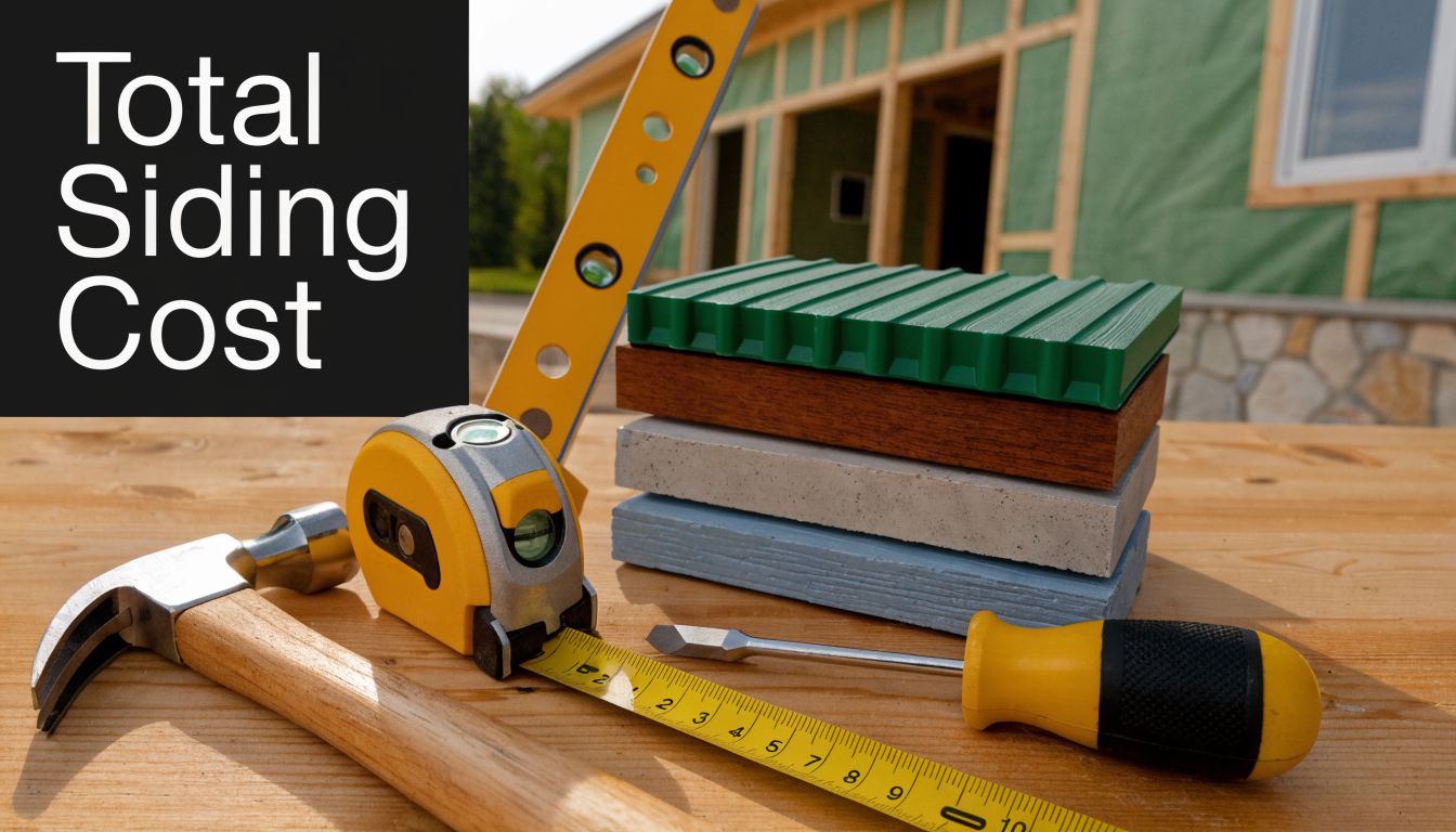 Construction tools and siding samples placed on a wooden board with a house frame in background.