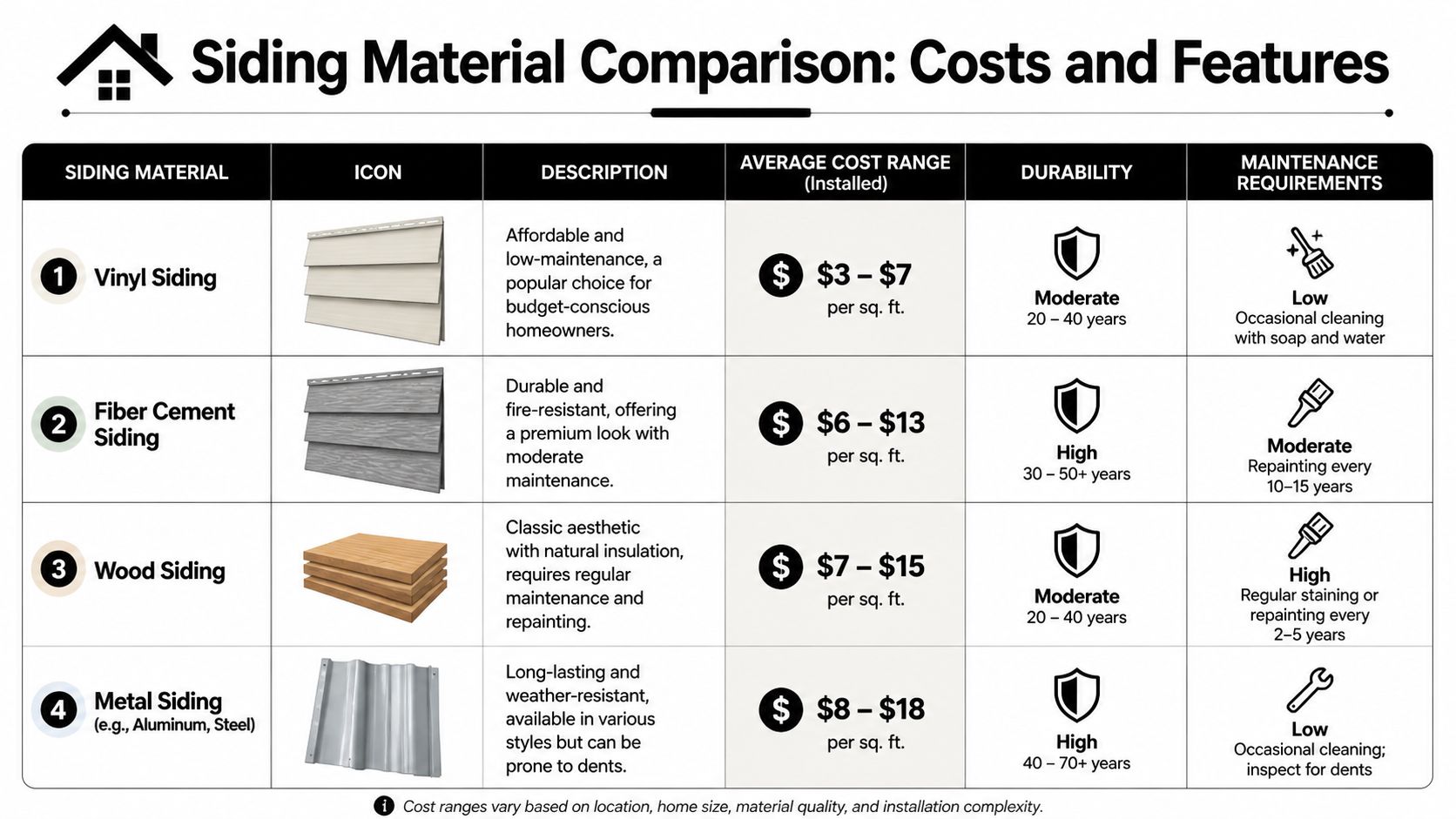 A table comparing the costs, durability, and maintenance requirements for vinyl, fiber cement, wood, and metal siding materials.