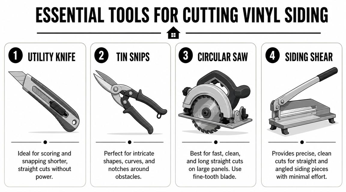 An infographic showing four essential tools for cutting vinyl siding: utility knife, tin snips, circular saw, and siding shear.